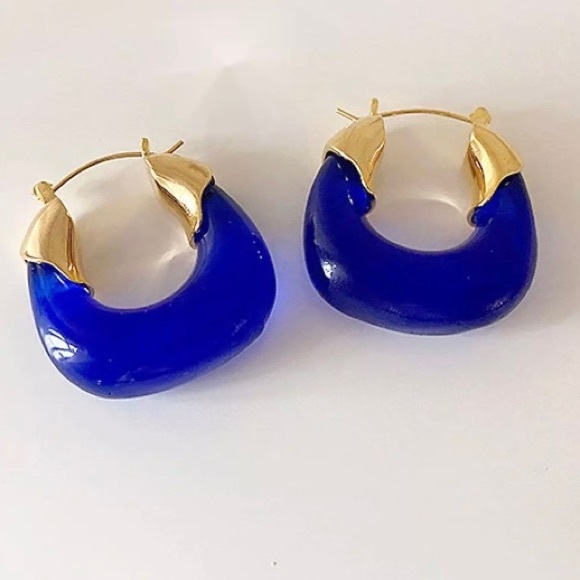Jewelry - New: 18K PVD Gold Plated Chunky Transparent Earrings - Royal Blue